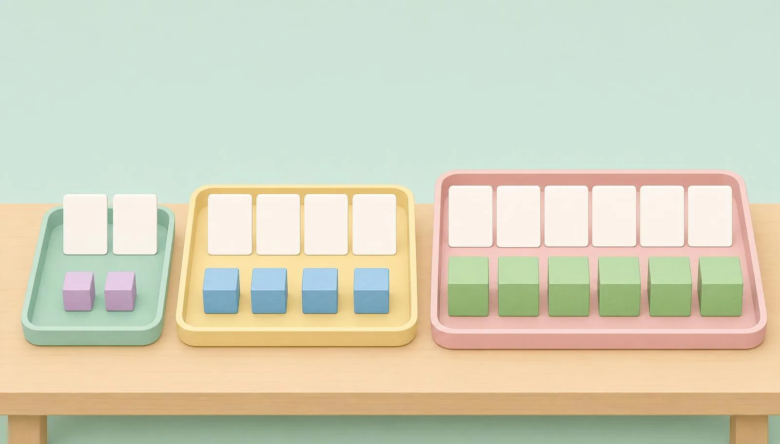 Ilustração de atividades adaptadas por idade com cartões e materiais em diferentes níveis.