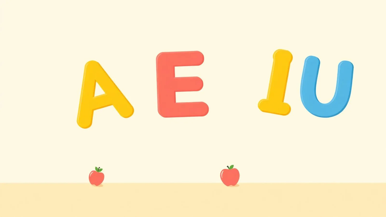 Ilustração de atividade com vogais e materiais pedagógicos para educação infantil.