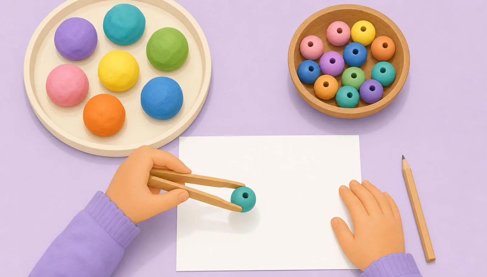 Ilustração de atividade de coordenação motora fina com materiais simples.