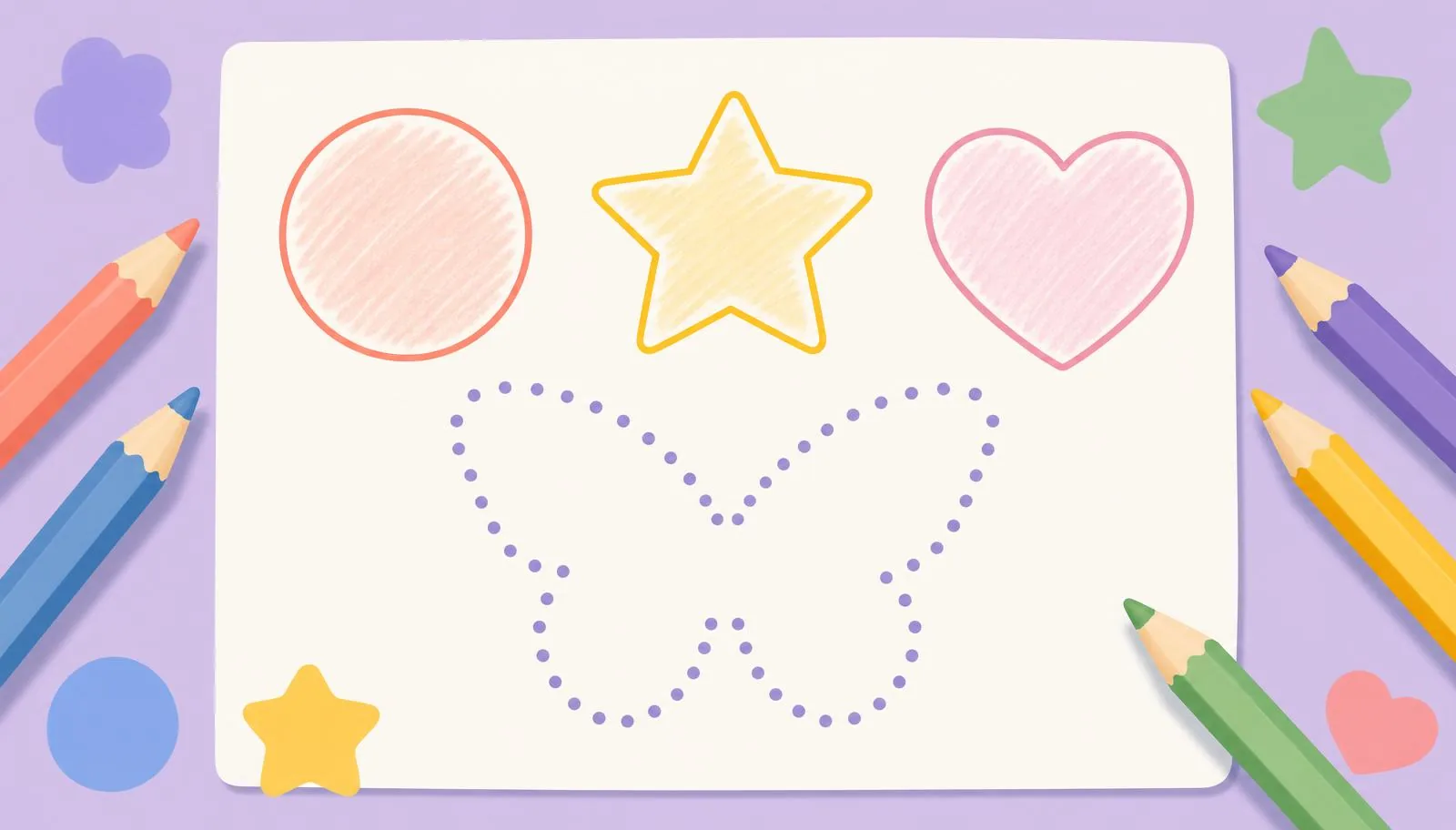 Ilustração de atividade infantil de ligar, pintar e completar.