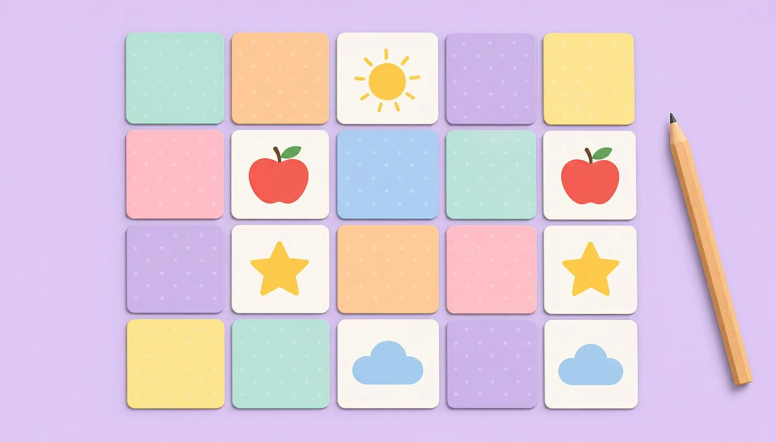 Ilustração de jogo de memória infantil com cartões e materiais pedagógicos.