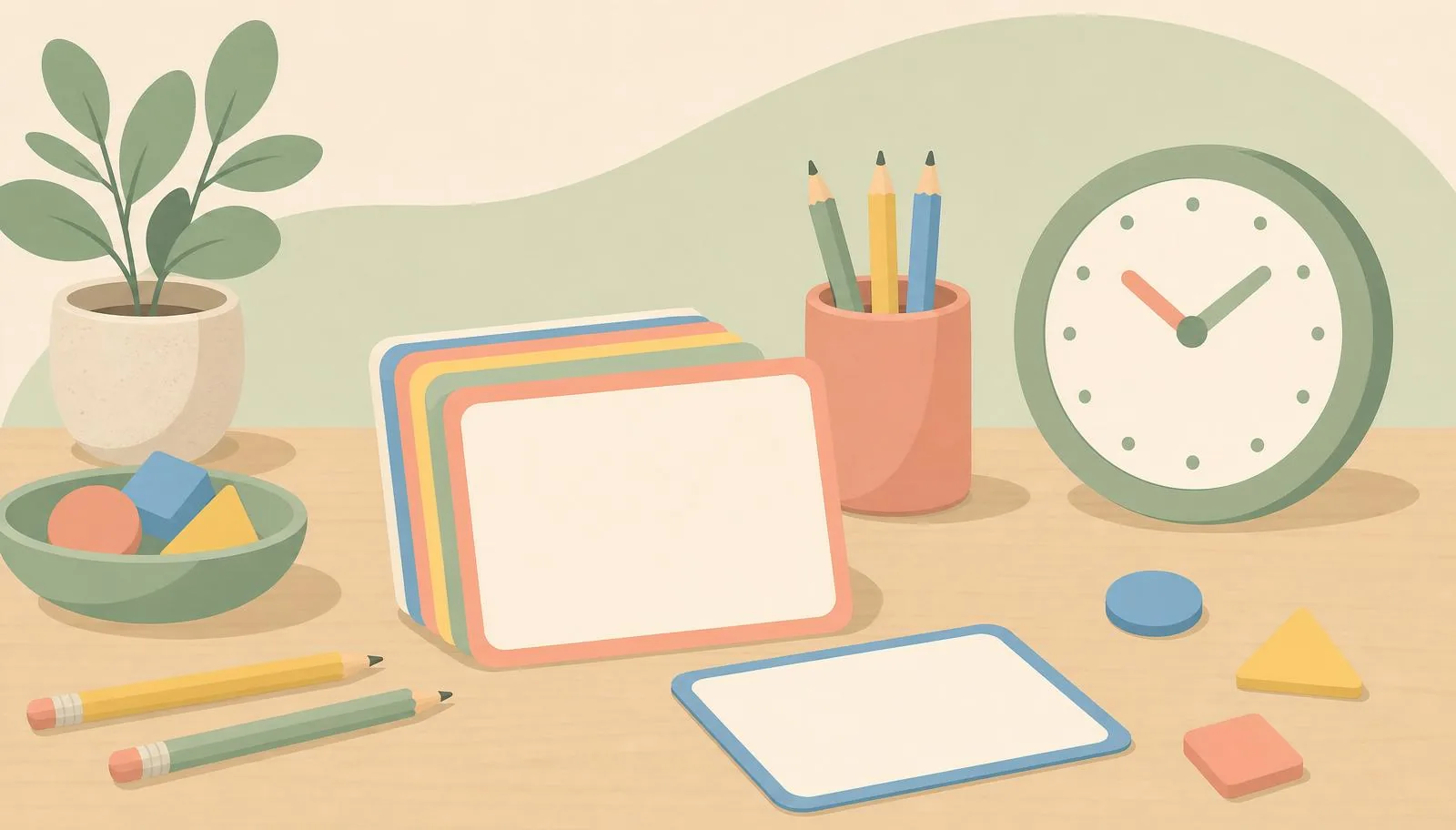 Ilustração de atividades rápidas para sala de aula com cartões e materiais escolares.