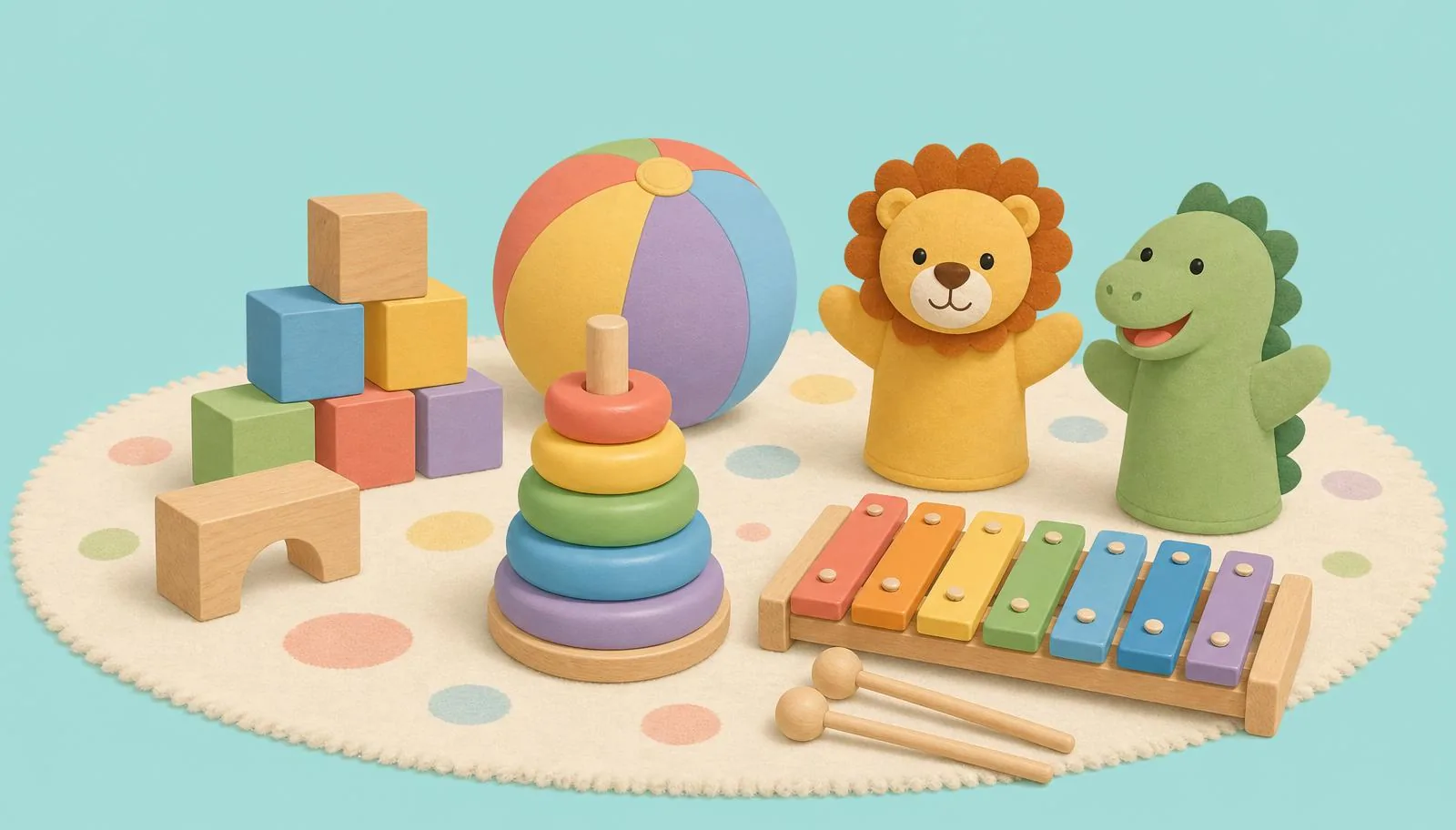 Ilustração de brincadeiras educativas com blocos, bola e brinquedos pedagógicos.
