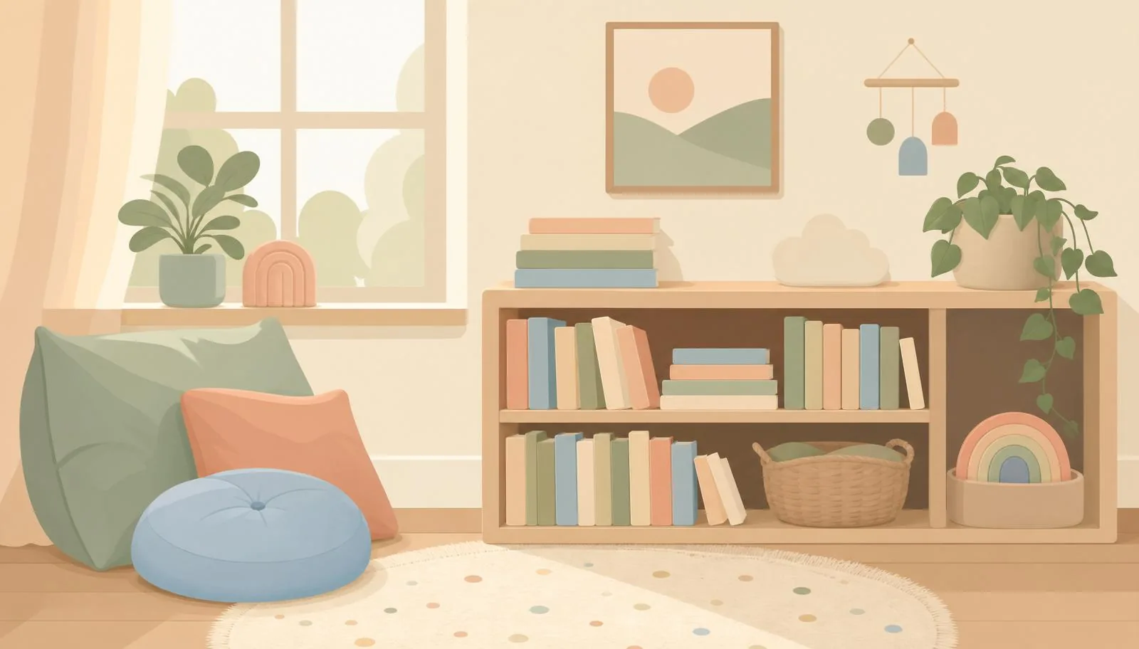 Ilustração de cantinho de leitura infantil em casa com livros e almofada.