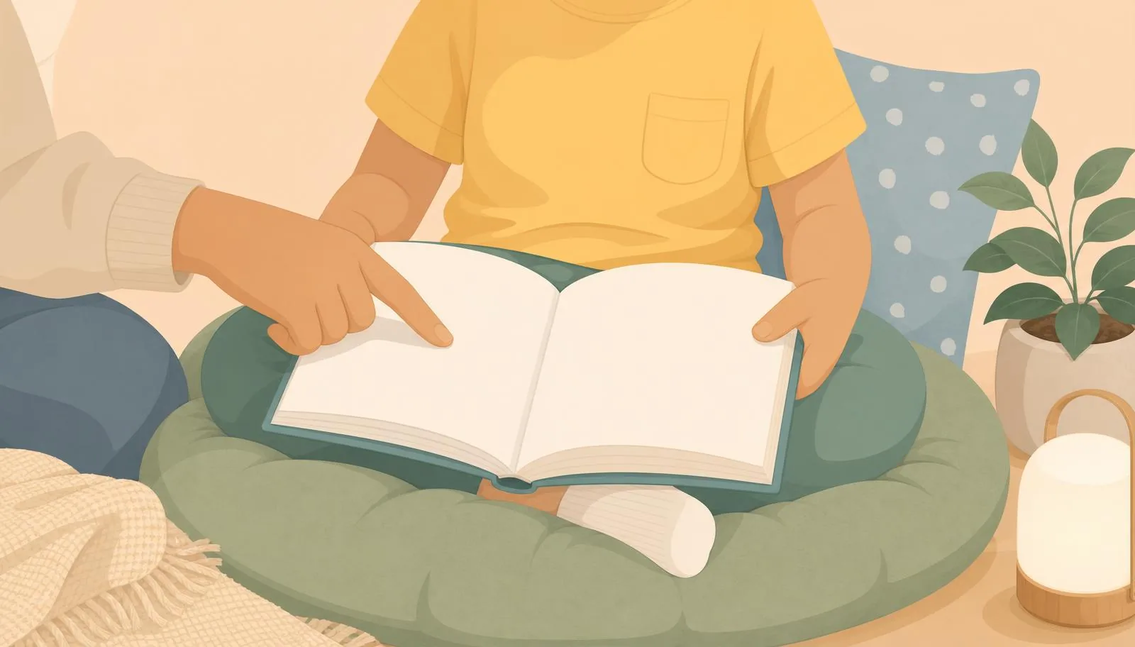 Ilustração de criança lendo com apoio em ambiente calmo e acolhedor.