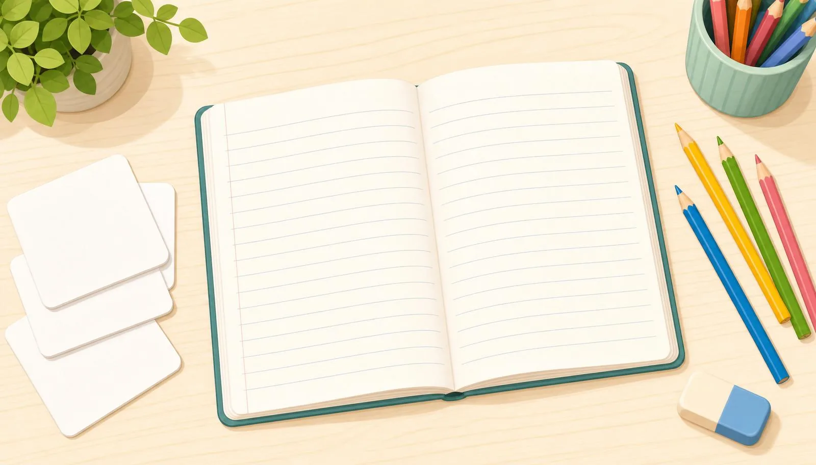 Ilustração de caderno com consoantes, letras e materiais de alfabetização infantil.