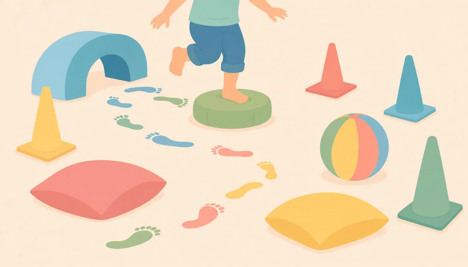 Ilustração de circuito de coordenação motora grossa com bola e obstáculos simples.