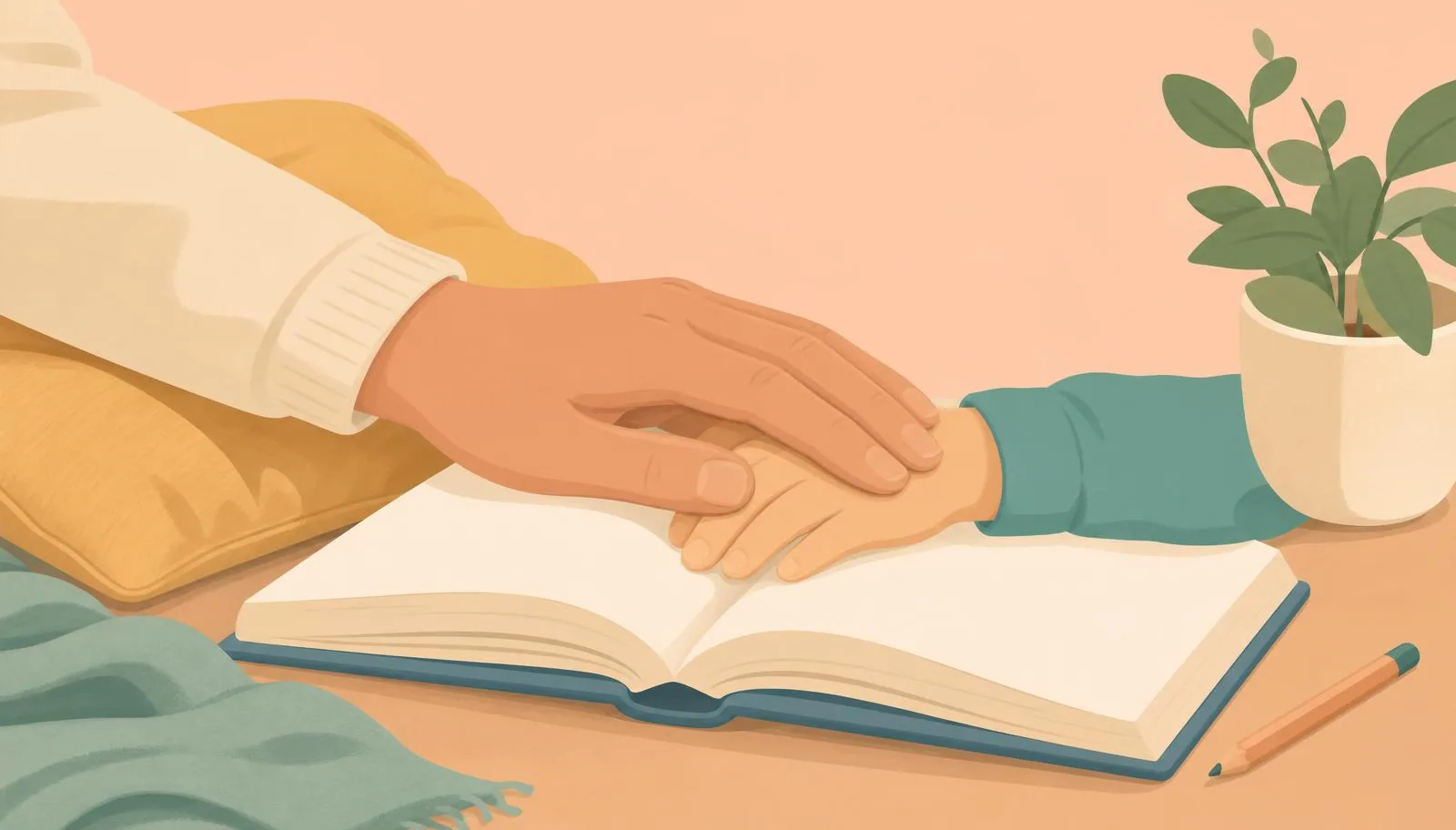 Ilustração de apoio à leitura infantil com livro e materiais escolares.