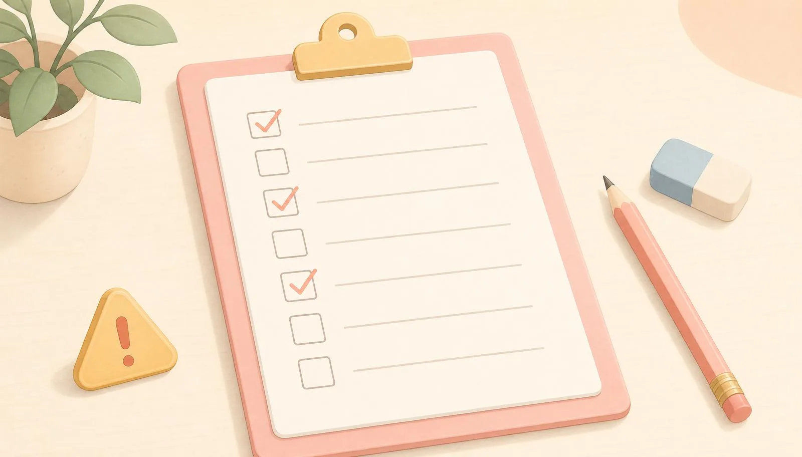 Ilustração de checklist pedagógico e materiais escolares sobre alfabetização infantil.