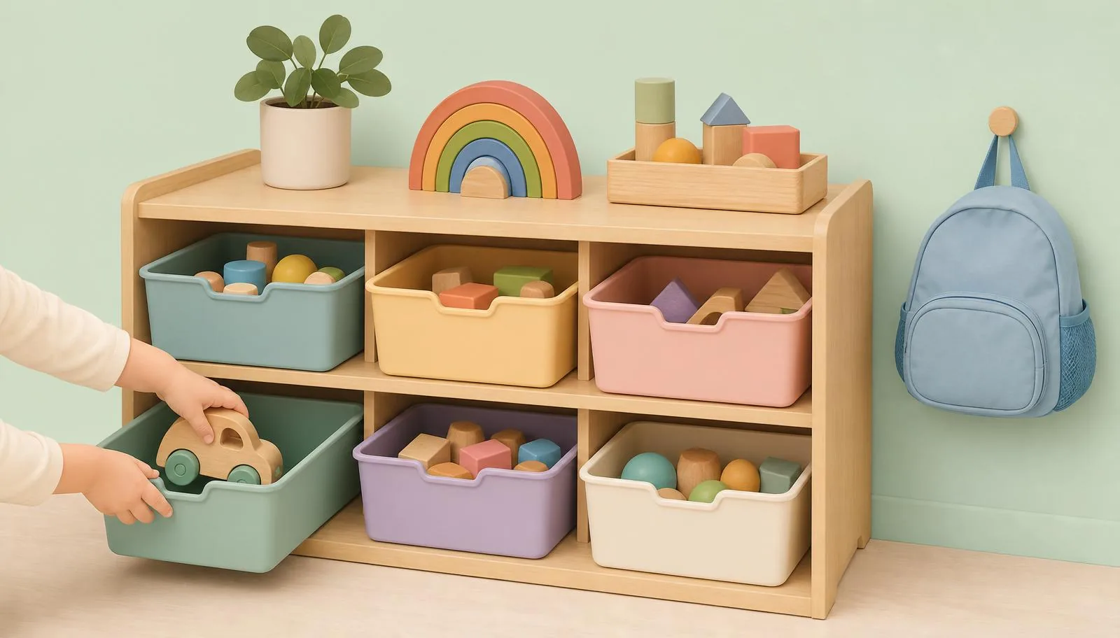 Ilustração de criança organizando materiais para desenvolver autonomia infantil.