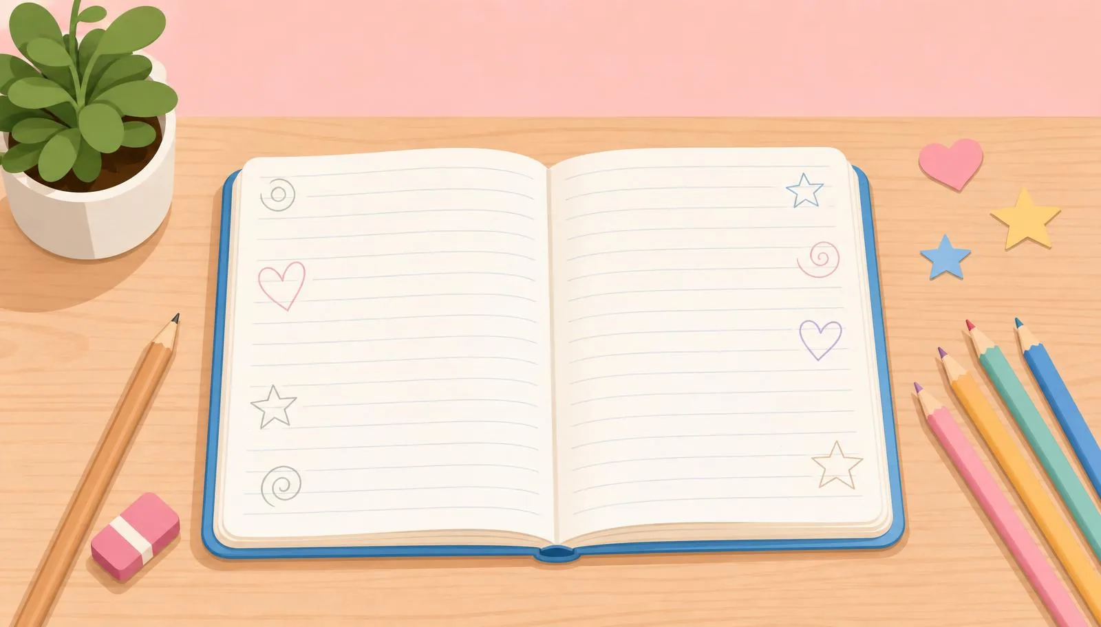 Ilustração de atividade de escrita infantil com caderno e lápis.