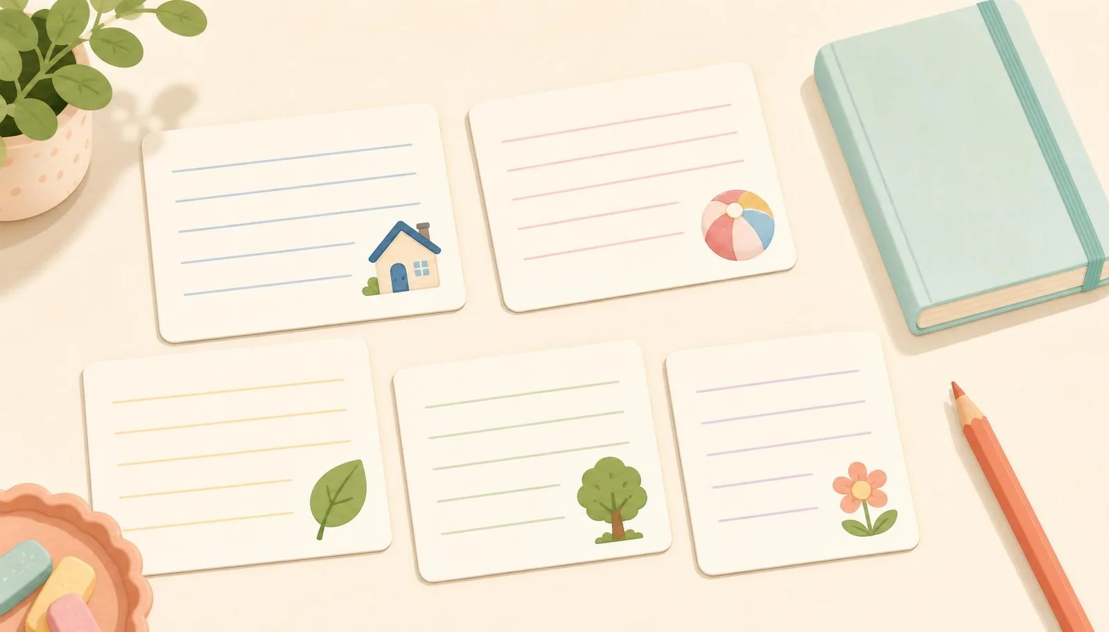Ilustração de fichas de leitura infantil com palavras simples e materiais escolares.