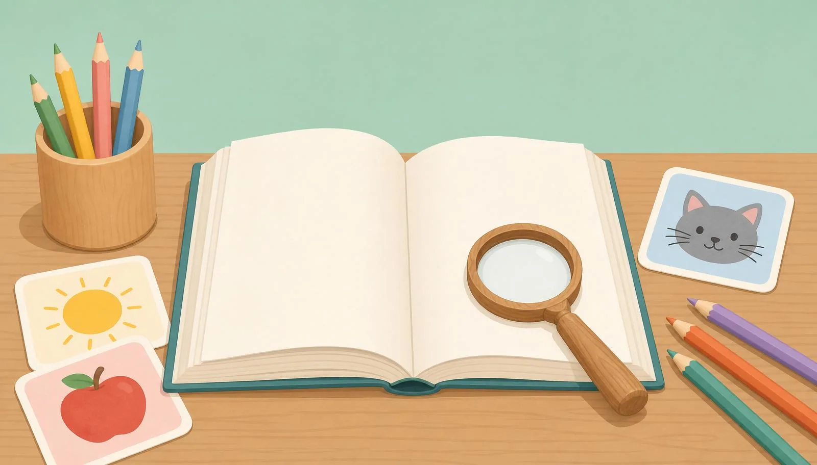 Ilustração de atividade de interpretação de frases simples com livro e cartões.