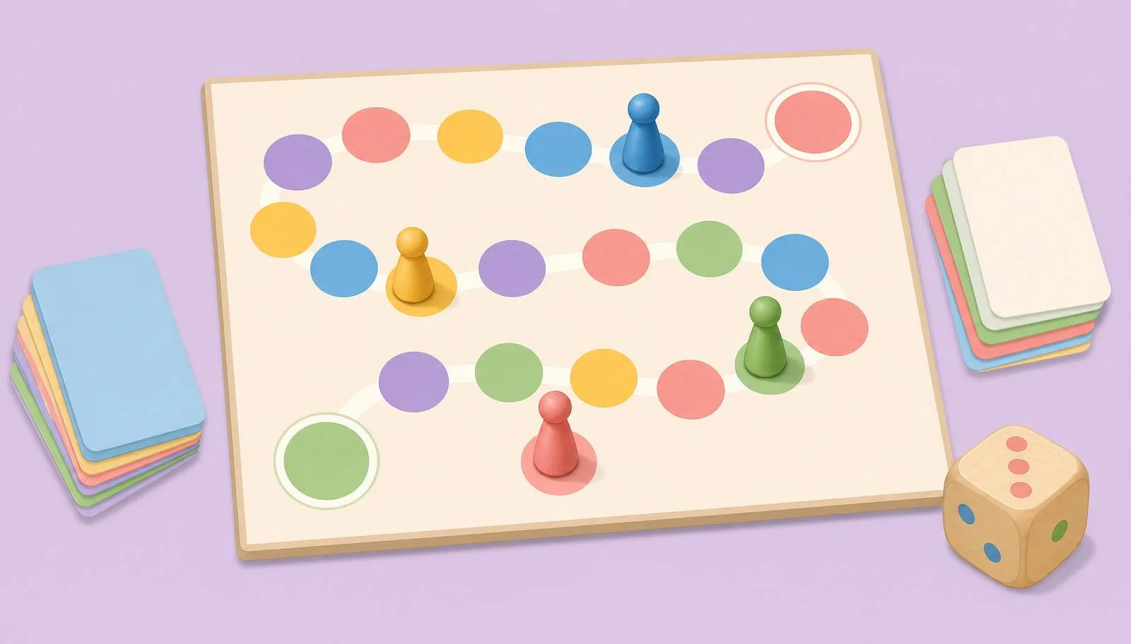 Ilustração de jogo pedagógico simples com cartões e peças coloridas.