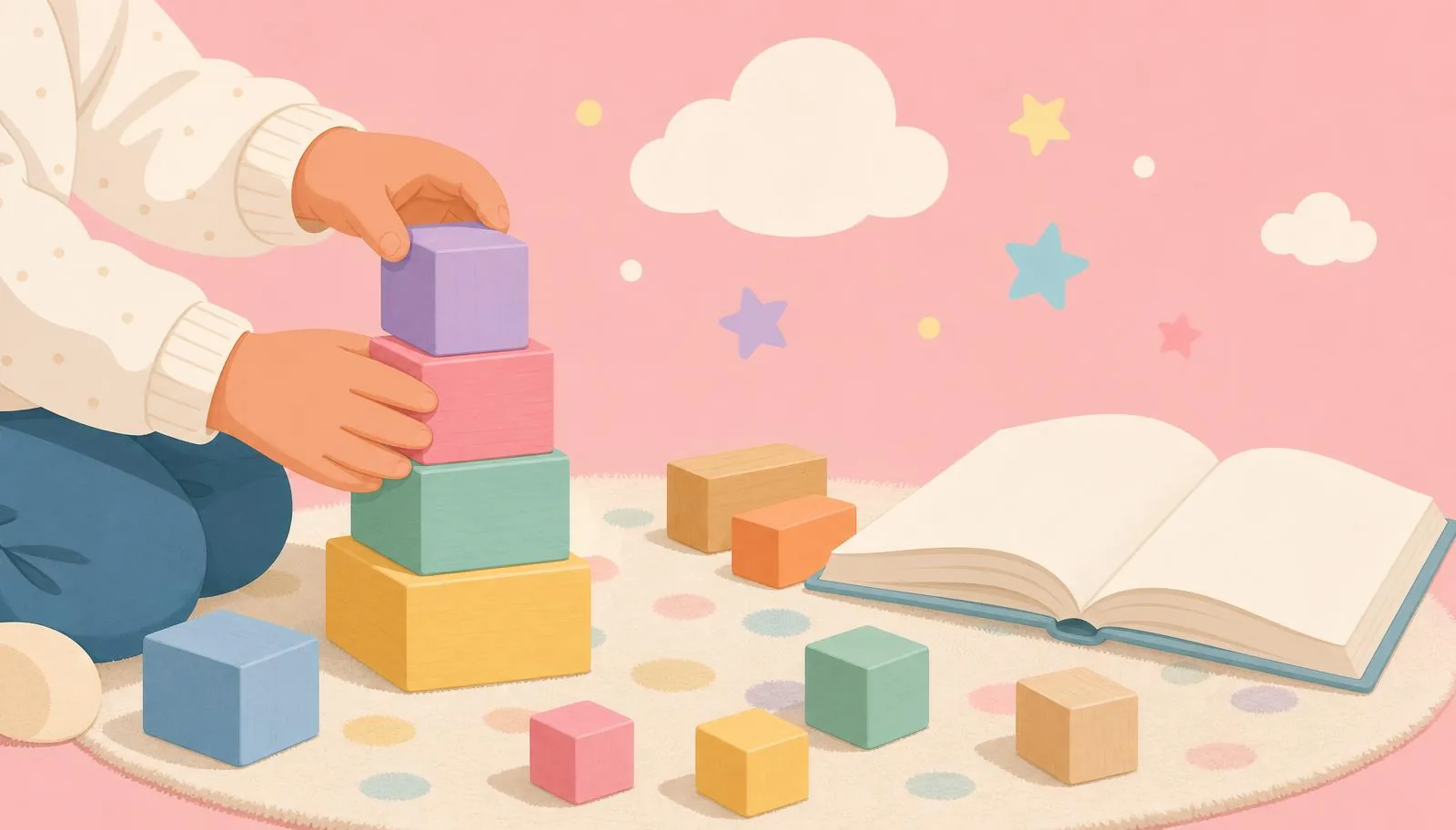 Ilustração de brincadeira infantil com blocos e livros como apoio à aprendizagem.