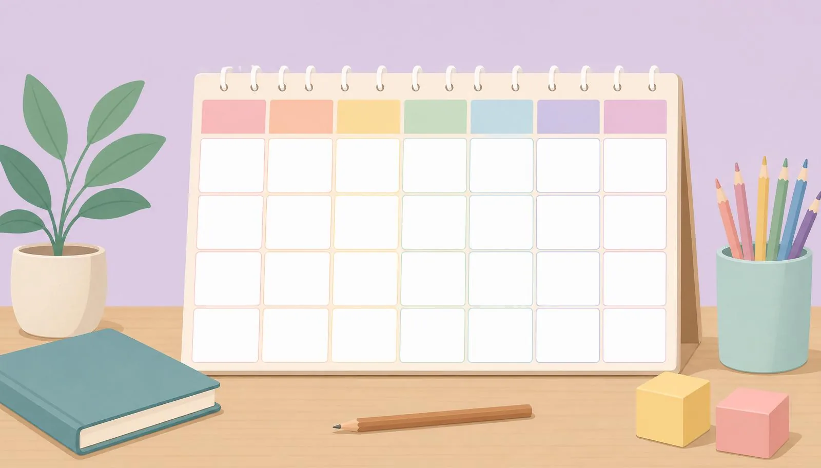 Ilustração de rotina de estudos infantil com calendário, livro e materiais escolares.