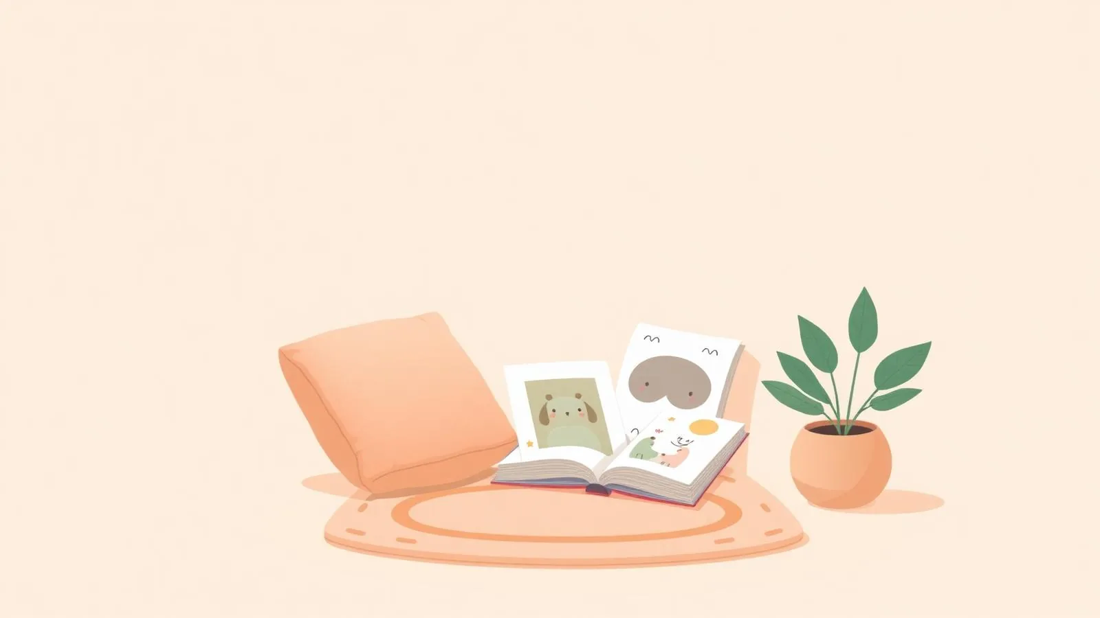 Ilustração de cantinho de leitura infantil com livros e ambiente acolhedor.