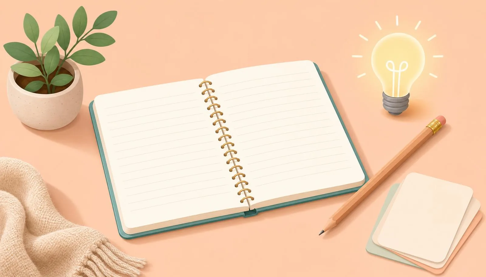 Ilustração de observação pedagógica com caderno, cartões e materiais escolares.