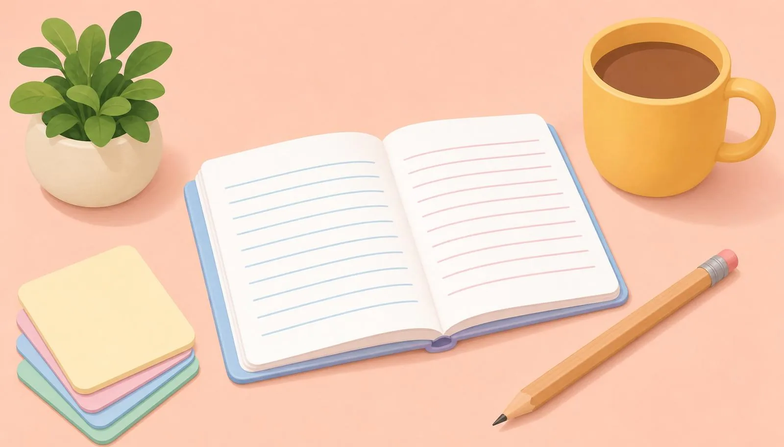 Ilustração de textos curtos para alfabetização com livro e materiais escolares.