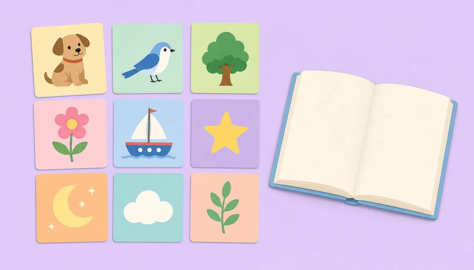 Ilustração de cartões com imagens usados para estimular a leitura infantil.